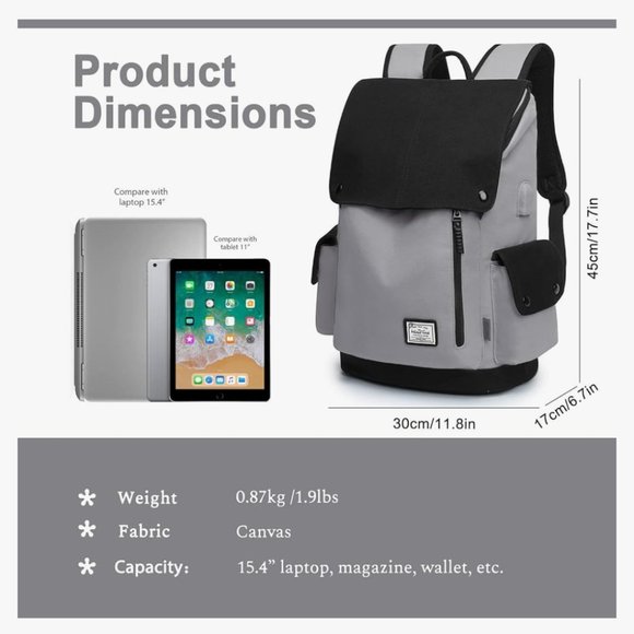 NWT Gray WindTook Laptop backpack for Women & Men,College Computer bag - Picture 3 of 12